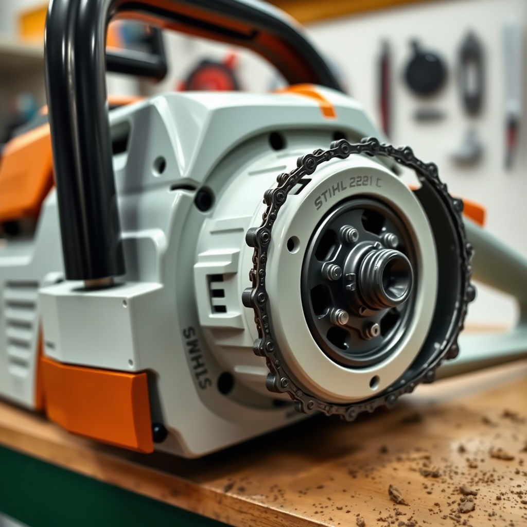 <A photorealistic image showing a Stihl MS 261 C-M with the clutch cover removed
