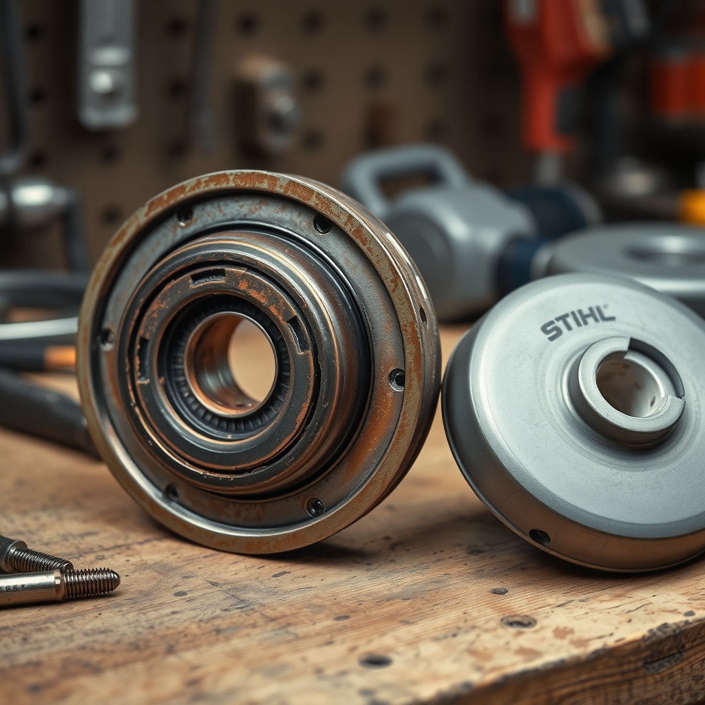 <clean photorealistic photo/illustration of a worn Stihl MS 261 C-M clutch drum showing gr