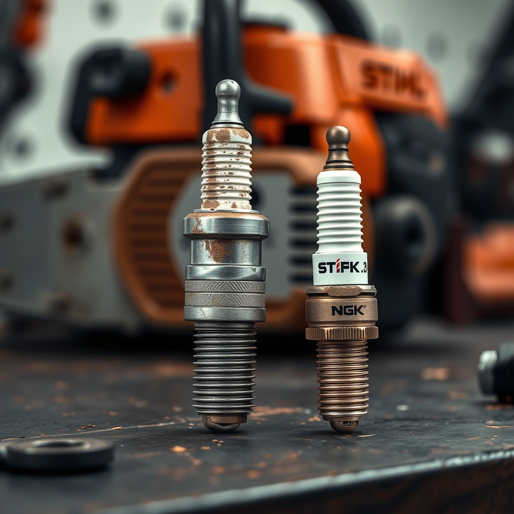<clean photorealistic photo of a used and dirty spark plug next to a new NGK BPMR7A spark