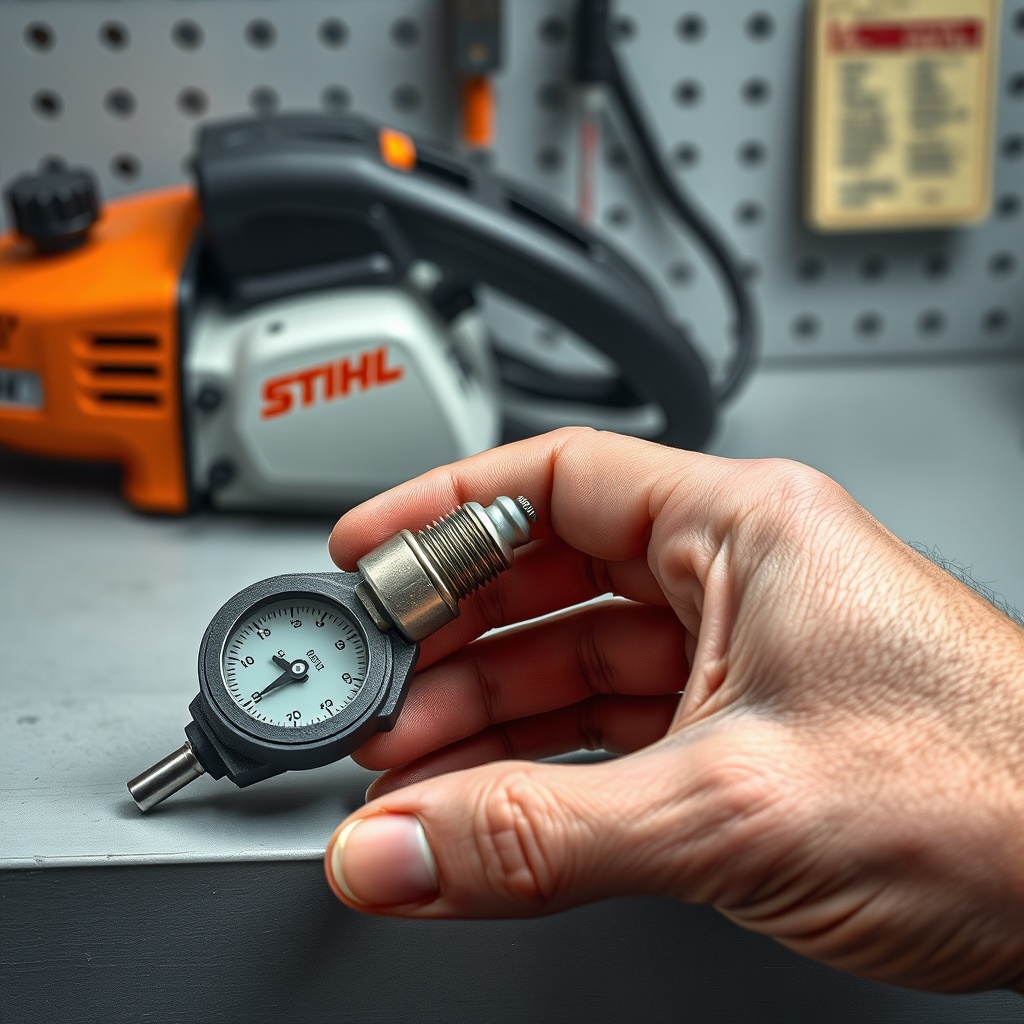 <clean photorealistic photo of a hand carefully gapping a new NGK spark plug with a feeler
