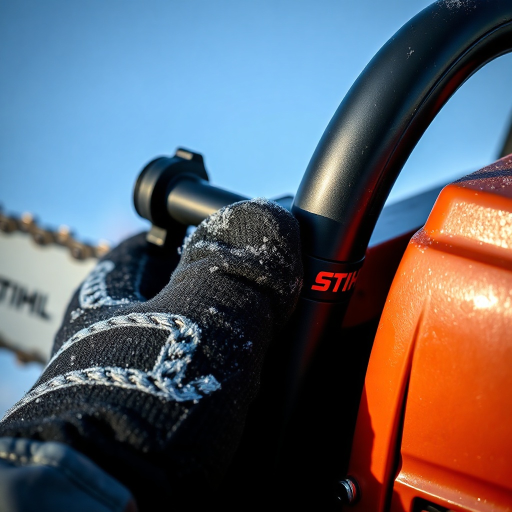 <A photorealistic close-up of a Stihl MS 261 C-M's master control lever set to the cold st