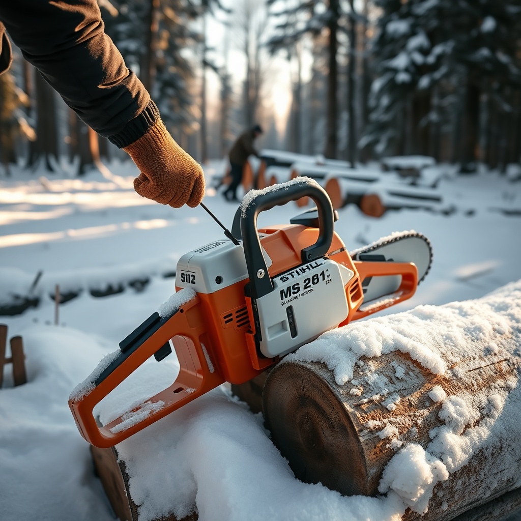 <A photorealistic winter scene of a Stihl MS 261 C-M resting on a snowy log pile