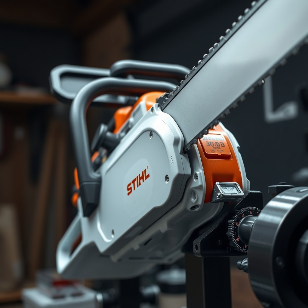 A close-up shot of a Stihl MS 261 C-M chainsaw mounted on a dyno stand