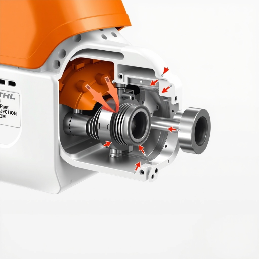 A photorealistic illustration showing a cutaway view of the Stihl MS 261 C-M's cylinder an