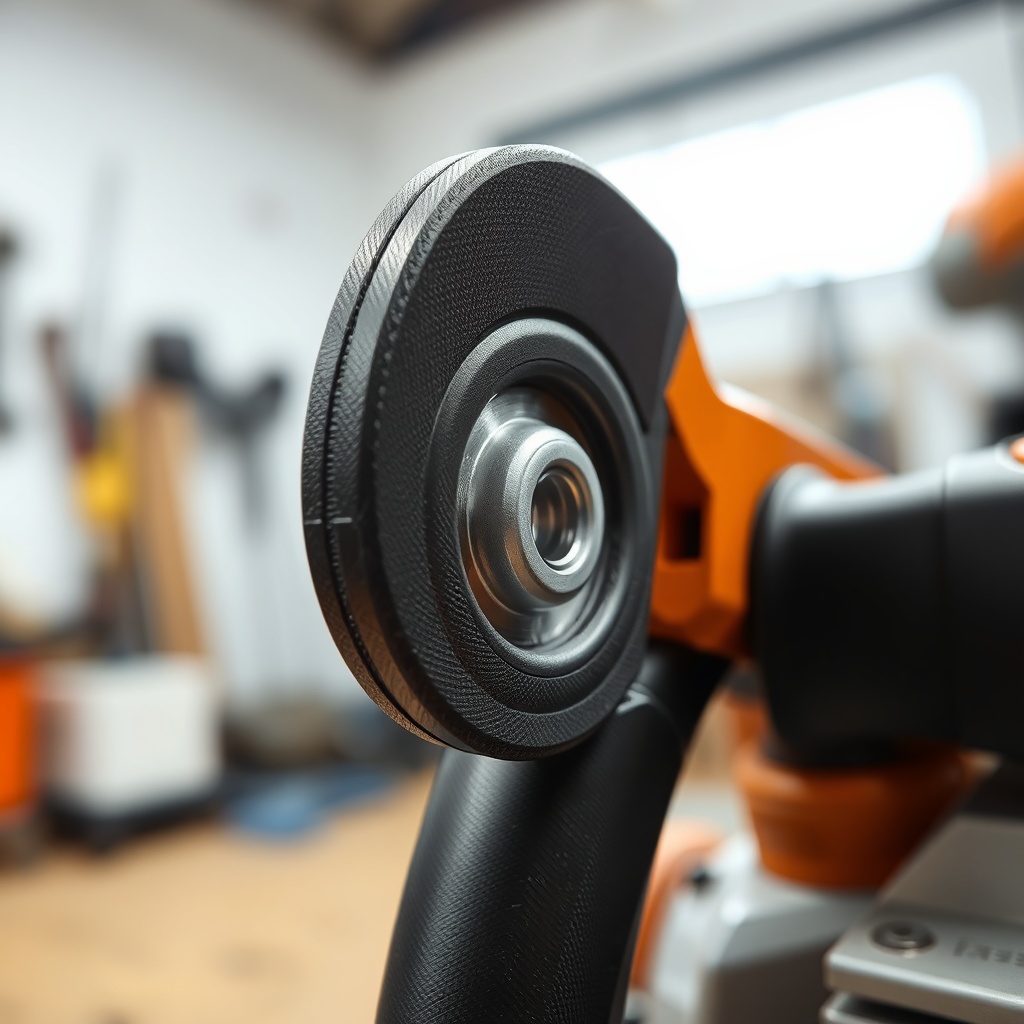 Close-up macro photo of the Stihl MS 261 C-M front handle mount showing the rubber-metal v