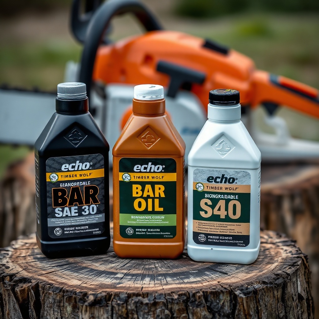 A clean photorealistic photo showing three bottles of bar oil (SAE 30
