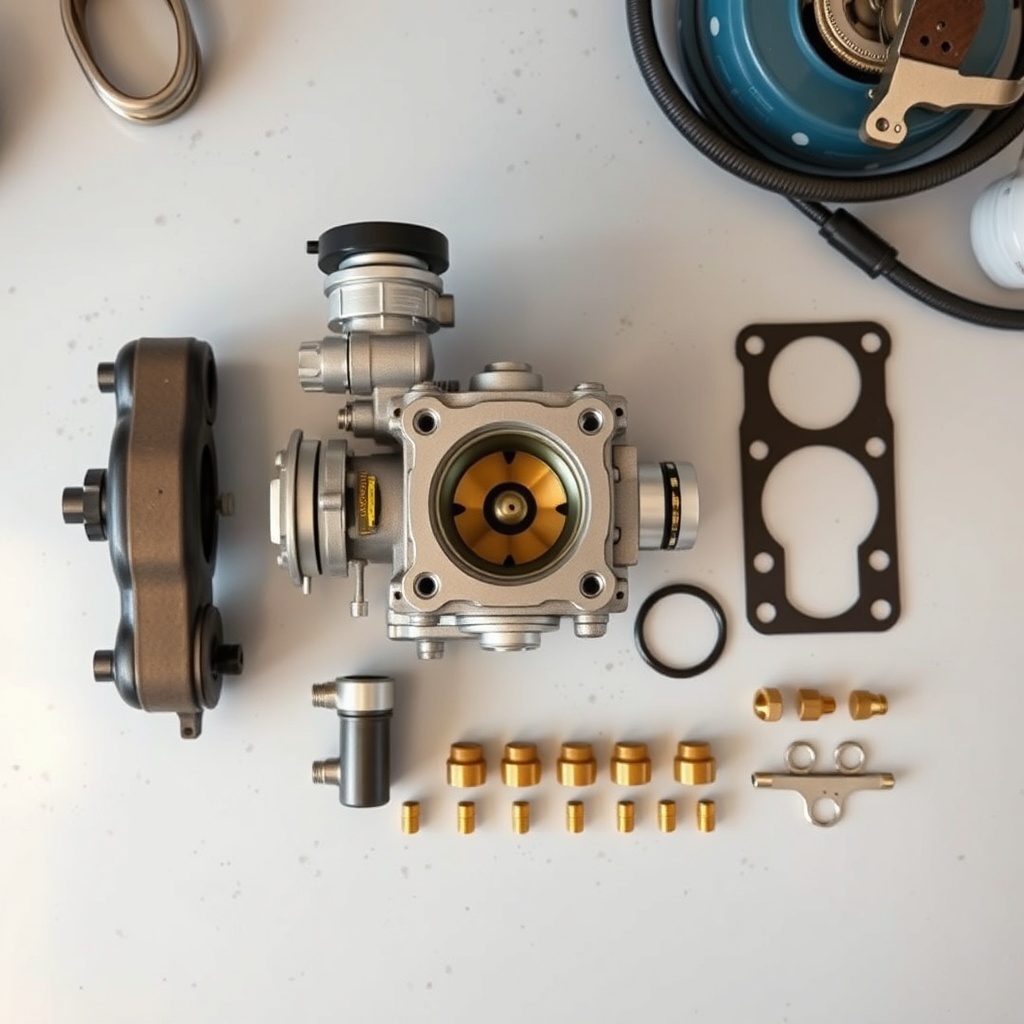 A photorealistic overhead view of an Echo CS-590 Timber Wolf carburetor disassembled on a