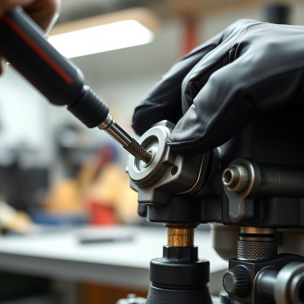 A photorealistic close-up of a gloved hand using a small flathead screwdriver to carefully