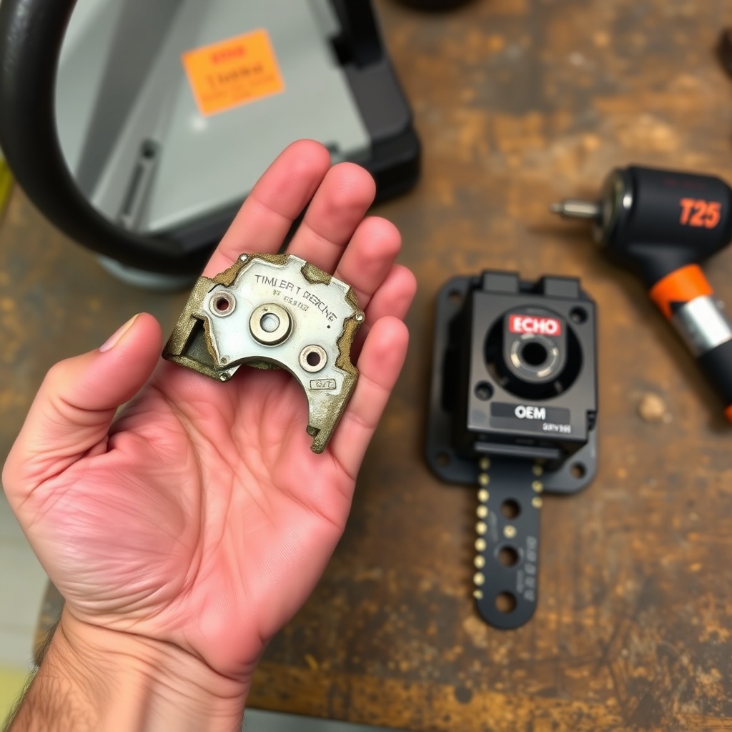 A clean photorealistic photo of a user's hand holding a damaged Echo CS-590 Timber Wolf ch