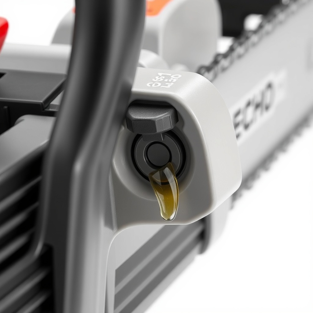 A photorealistic photo of the Echo CS-590 Timber Wolf chain oiler adjustment screw on the