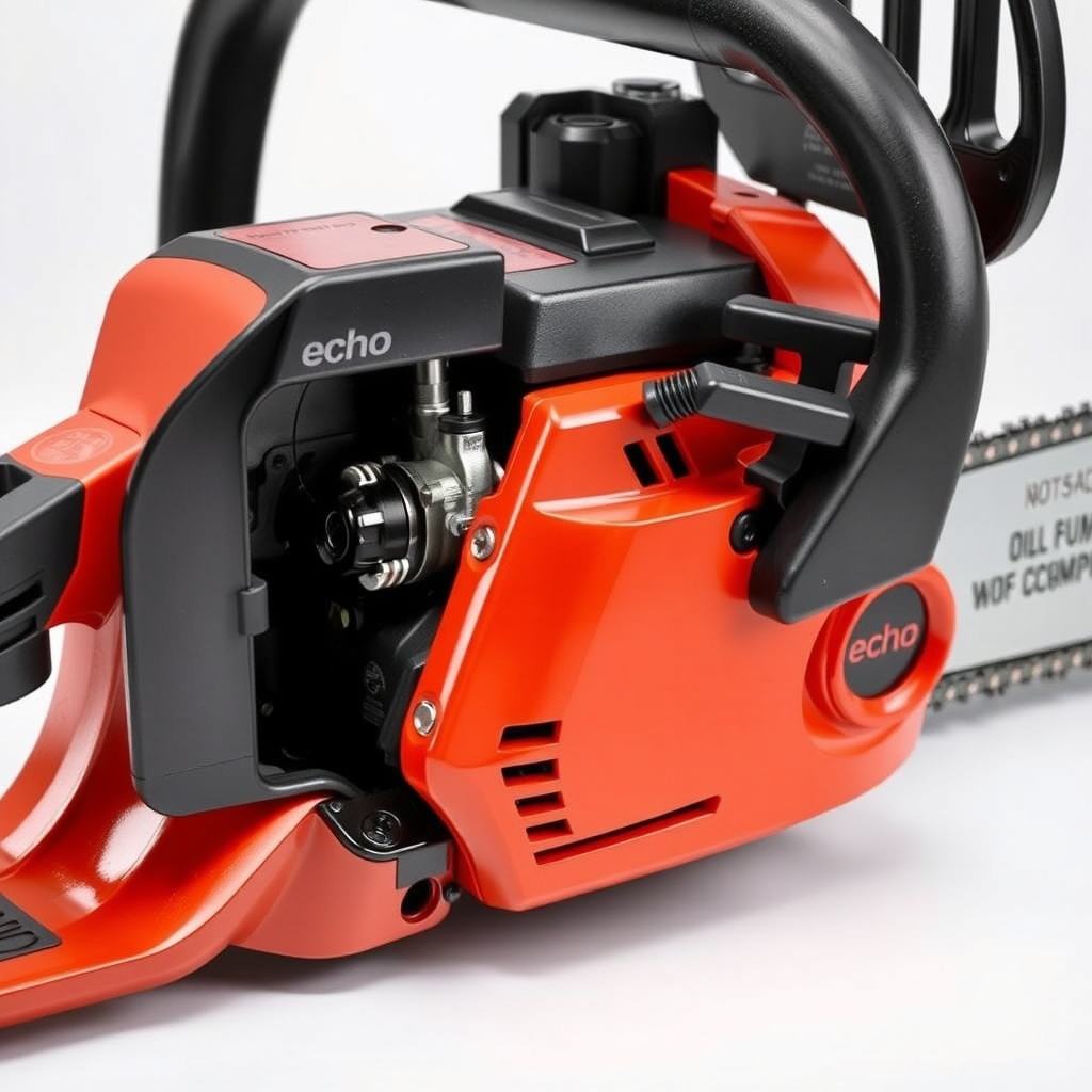 <clean photorealistic photo of an Echo CS-590 Timber Wolf chainsaw with the side cover rem