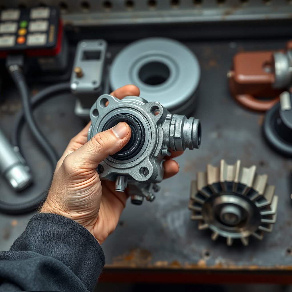 <clean photorealistic photo of a mechanic's hands holding a new Echo oil pump assembly wit