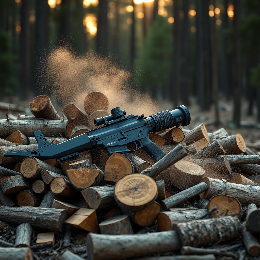 <photorealistic 16:9 shot of Echo CS-590 Timber Wolf lying on a pile of split firewood