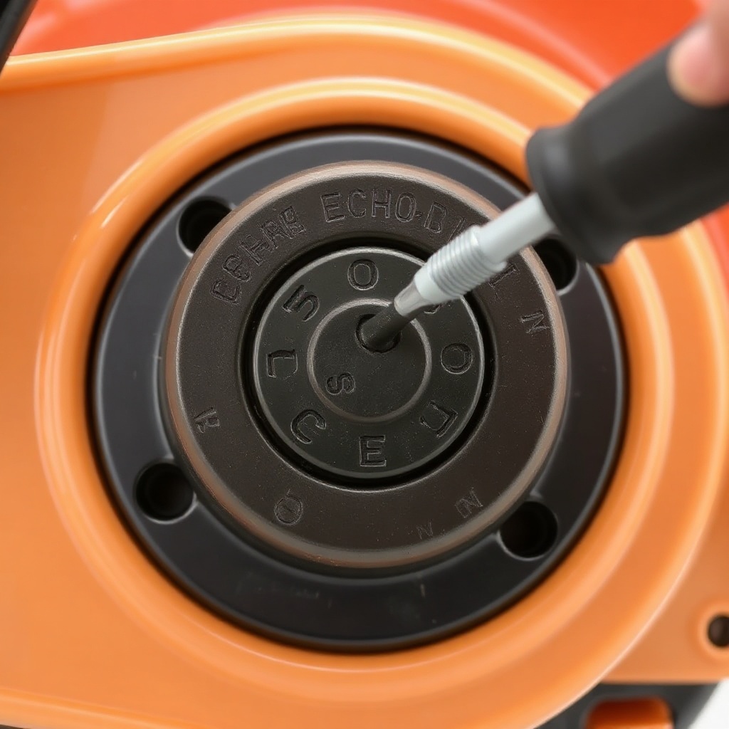 <photorealistic close-up of Echo CS-590 bar and chain oil tank cap