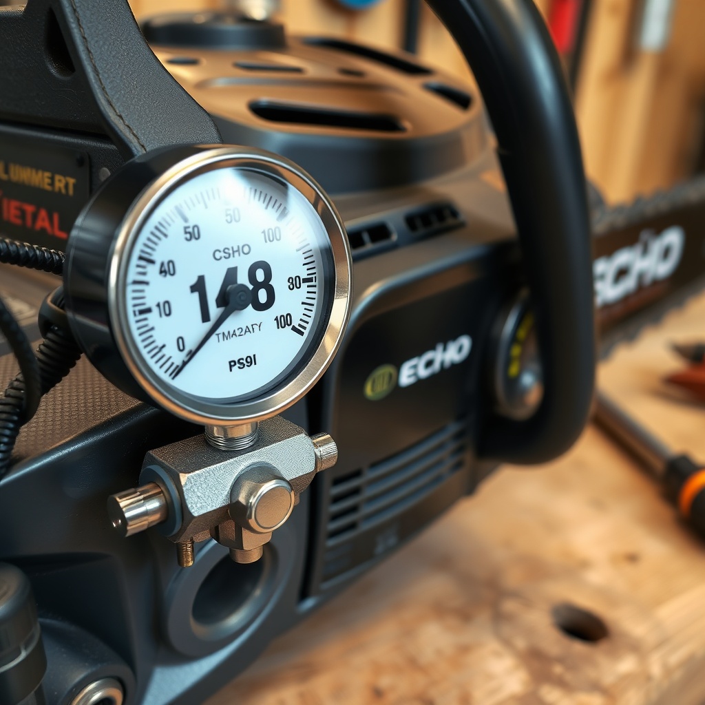 A close-up photorealistic photo of a digital compression gauge connected to the spark plug