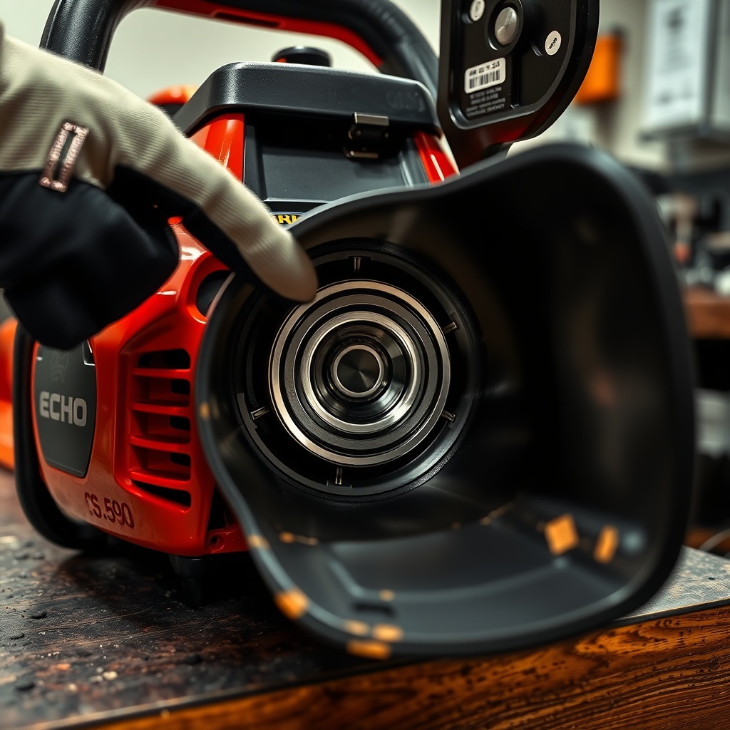 A photorealistic shot of an Echo CS-590 Timber Wolf chainsaw on a workbench with the muffl