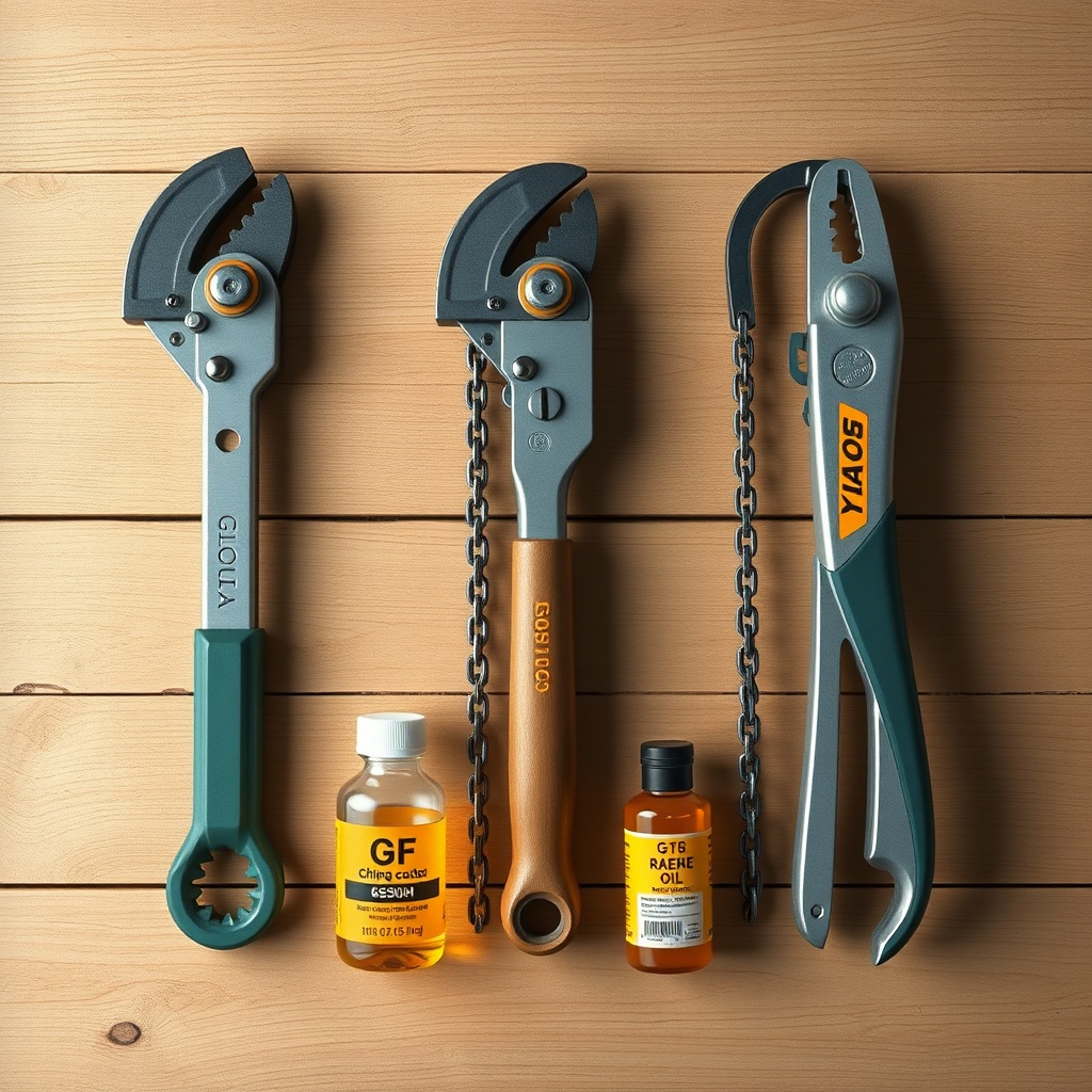 A clean photorealistic illustration showing three types of chain cutters side by side on a
