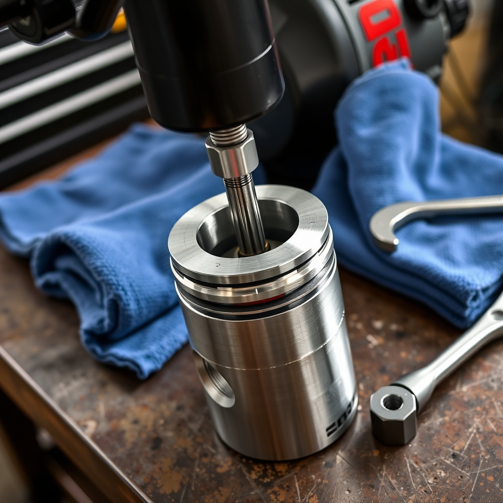 Side-angle shot of new Echo CS-590 Timber Wolf cylinder being installed over a freshly oil