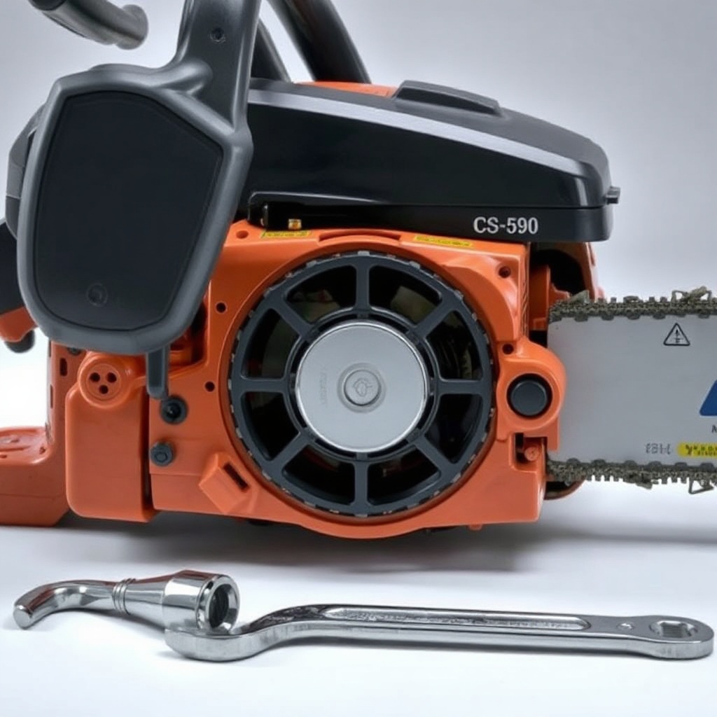 <Clean photorealistic photo of an Echo CS-590 Timber Wolf chainsaw with the side cover rem