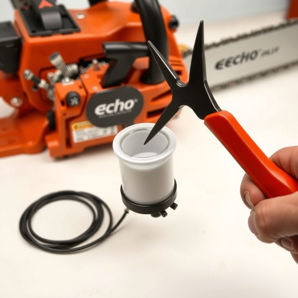 <clean photorealistic photo/illustration of an Echo CS-590 Timber Wolf fuel filter being p