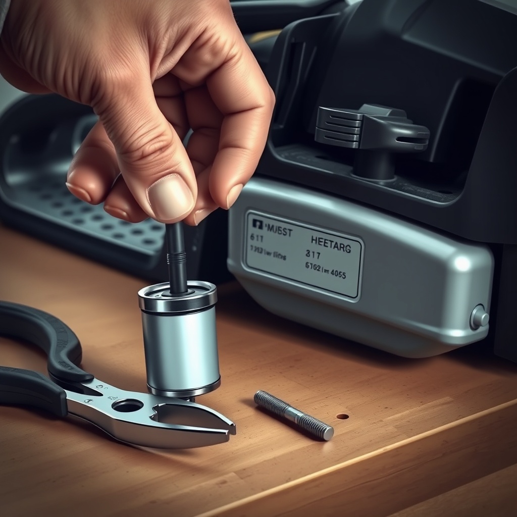 <clean photorealistic photo/illustration showing a hand pushing a new fuel filter onto the
