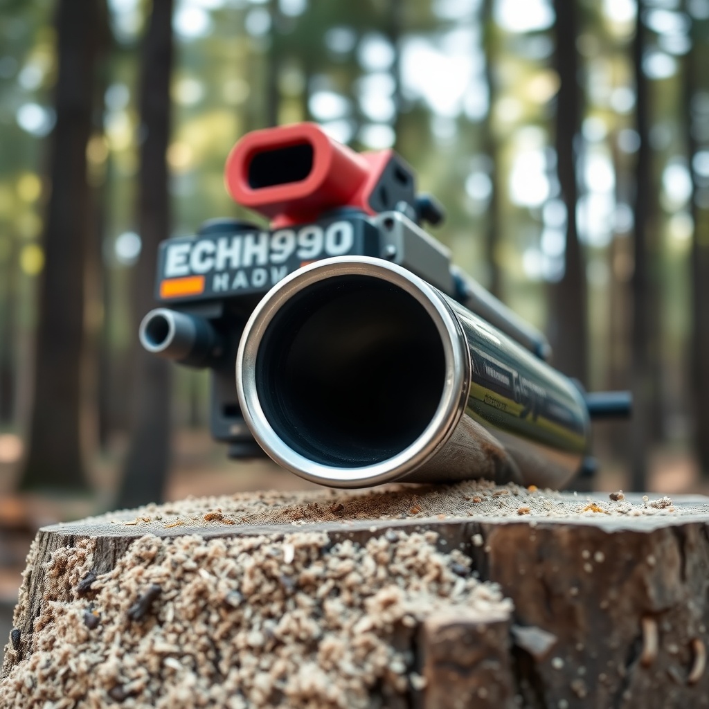 A clean photorealistic photo of an Echo CS-590 Timber Wolf with a modified muffler