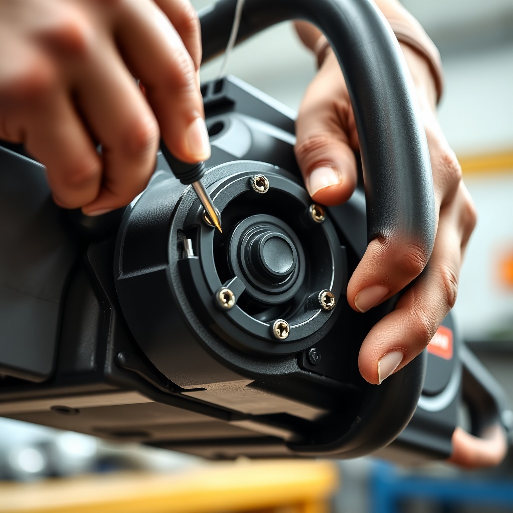 Photorealistic macro shot of a mechanic's hands removing the black plastic starter housing