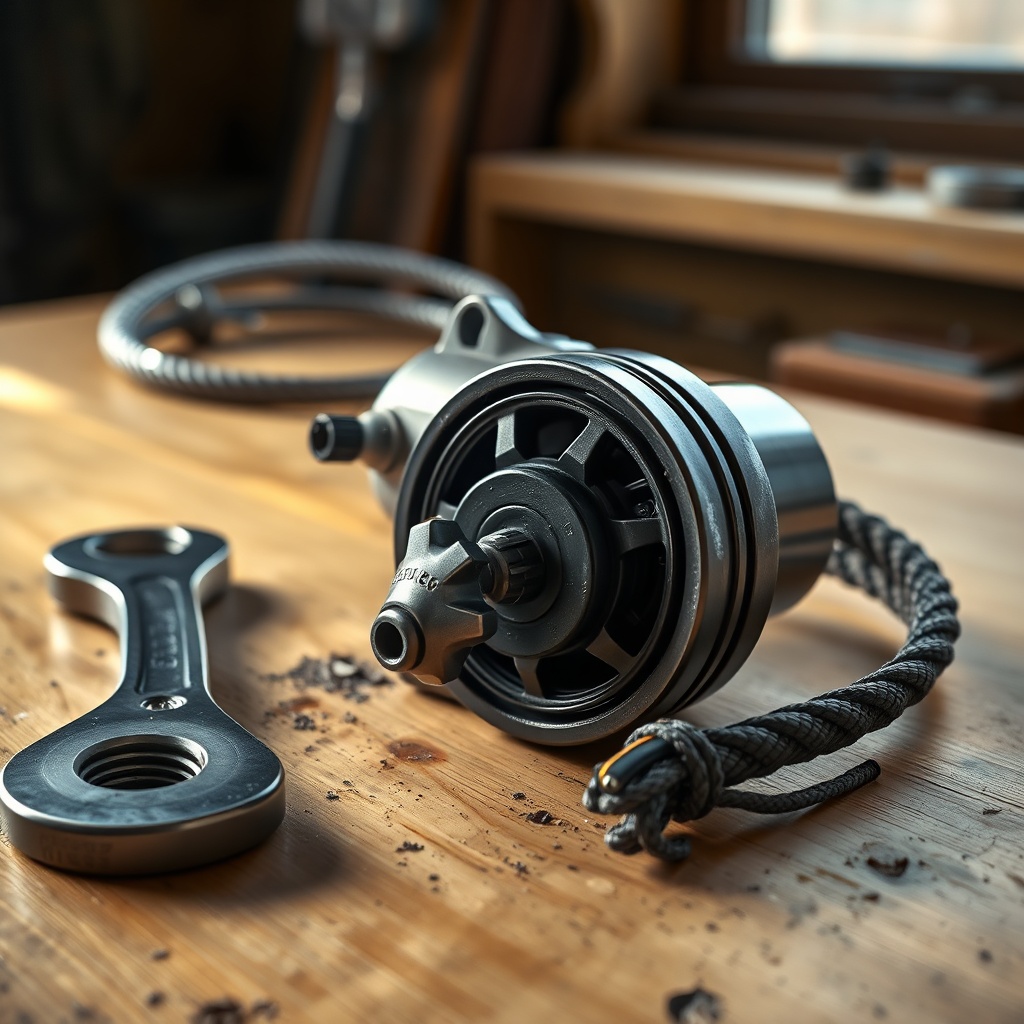 Photorealistic closeup of a new recoil starter assembly lying next to a wrench on a wooden
