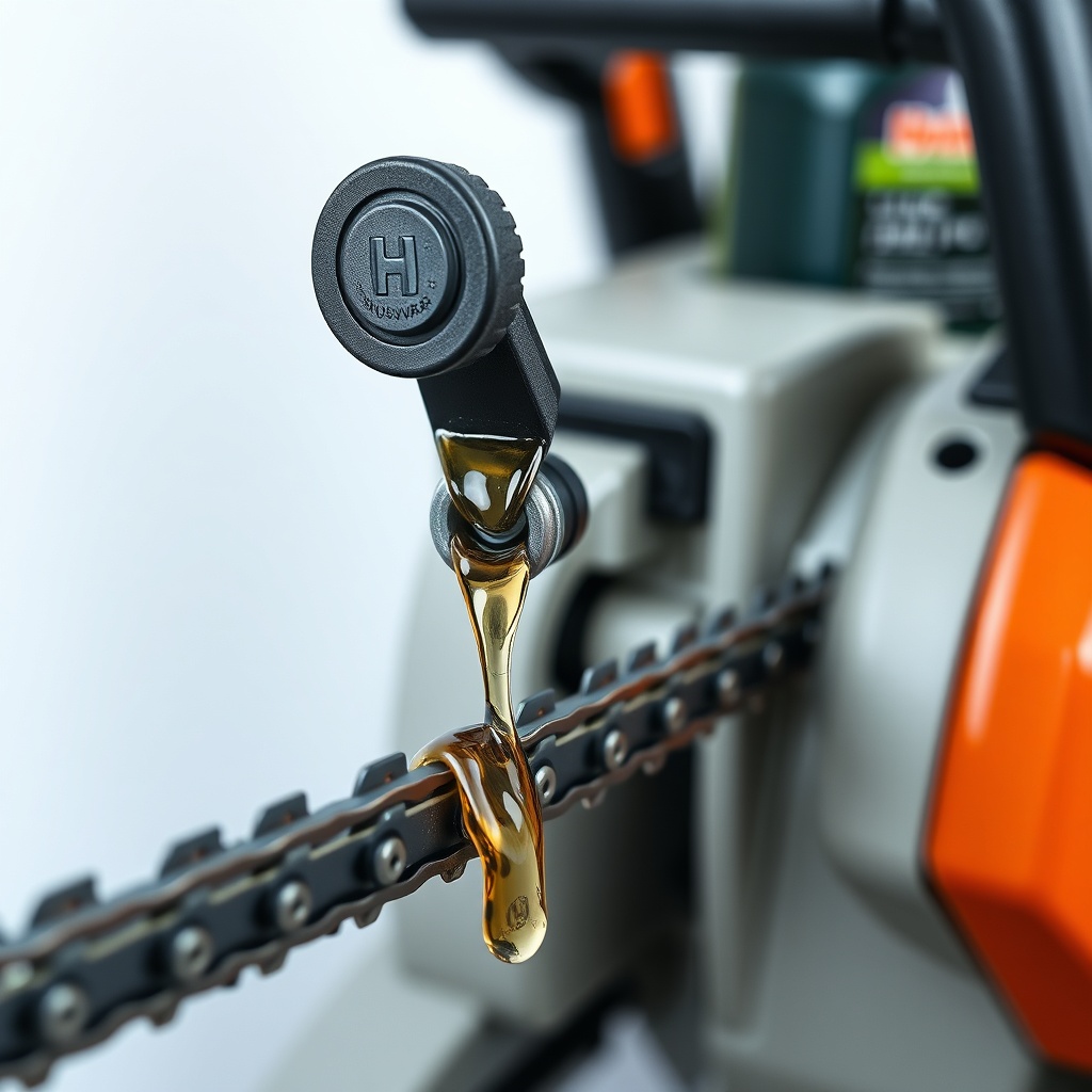 A clean photorealistic photo of a Husqvarna 460 Rancher bar and chain dripping fresh bar o