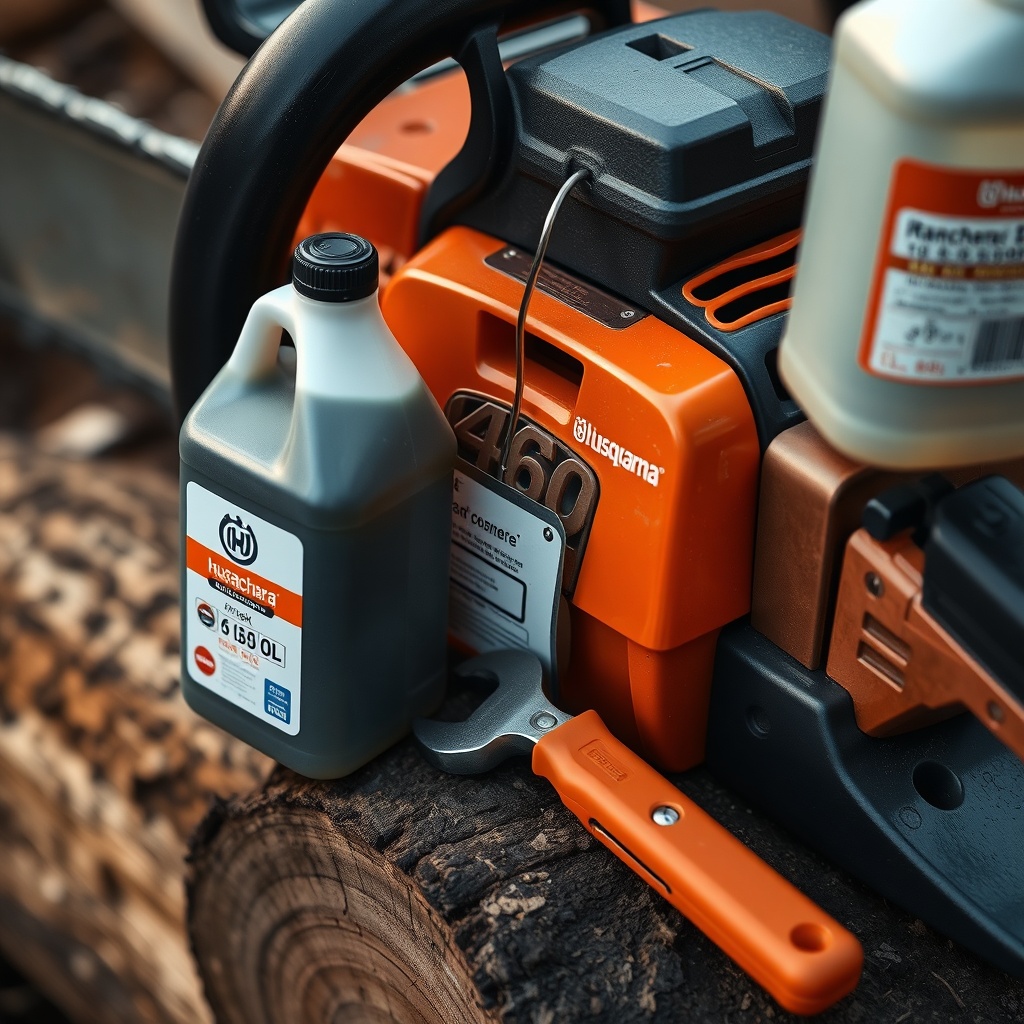 A clean photorealistic photo of a Husqvarna 460 Rancher oil tank being refilled from a gal