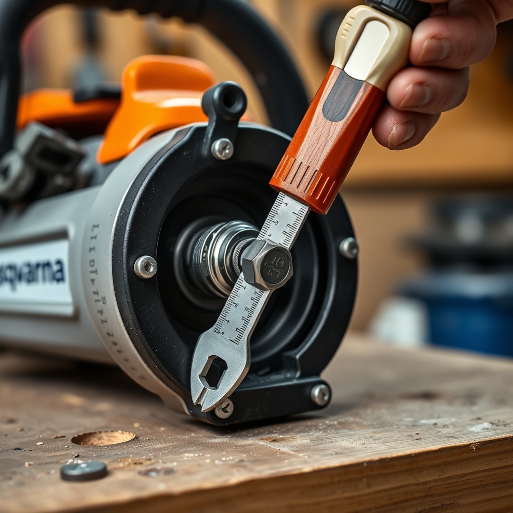 A clean photorealistic photo of a Husqvarna 460 Rancher bar clamp nuts being tightened wit