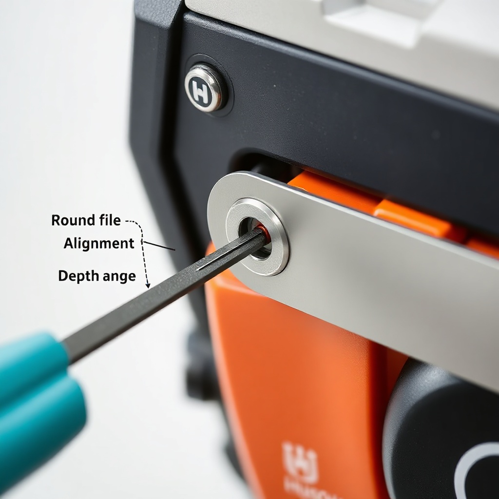 Close-up of a Husqvarna 460 Rancher chain being filed with a round file at a 30-degree ang