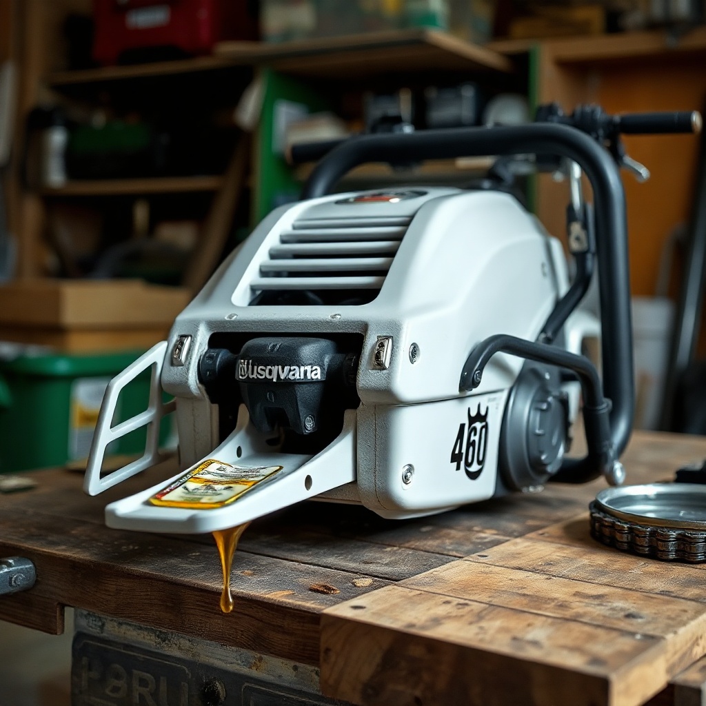 A Husqvarna 460 Rancher resting on a workbench with a filing kit