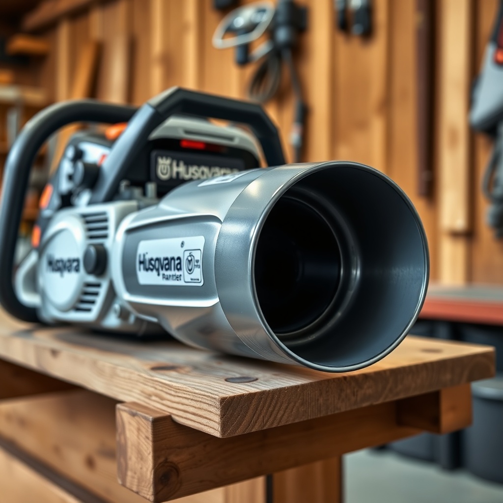 A photorealistic image of a Husqvarna 460 Rancher resting on a wooden workbench with the m