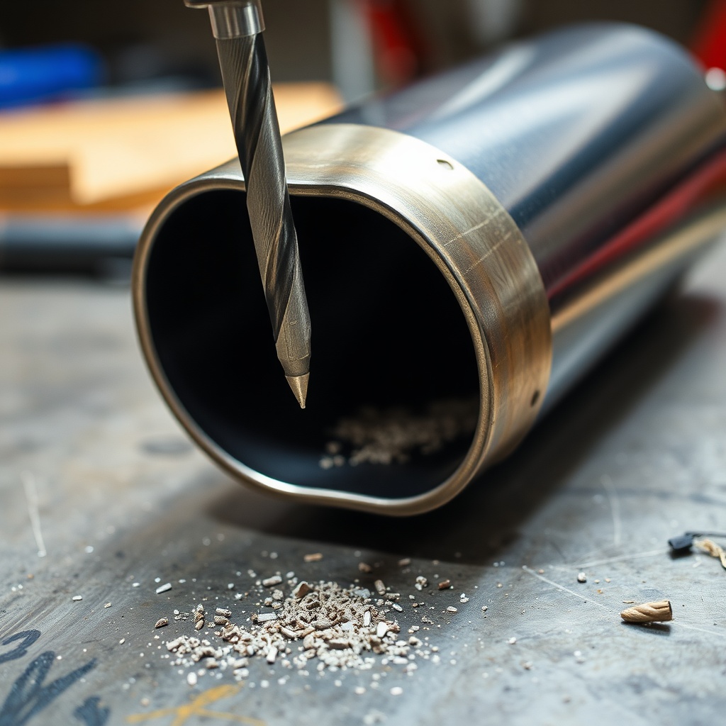 A photorealistic image of a metal muffler on a workbench with a drill bit positioned near