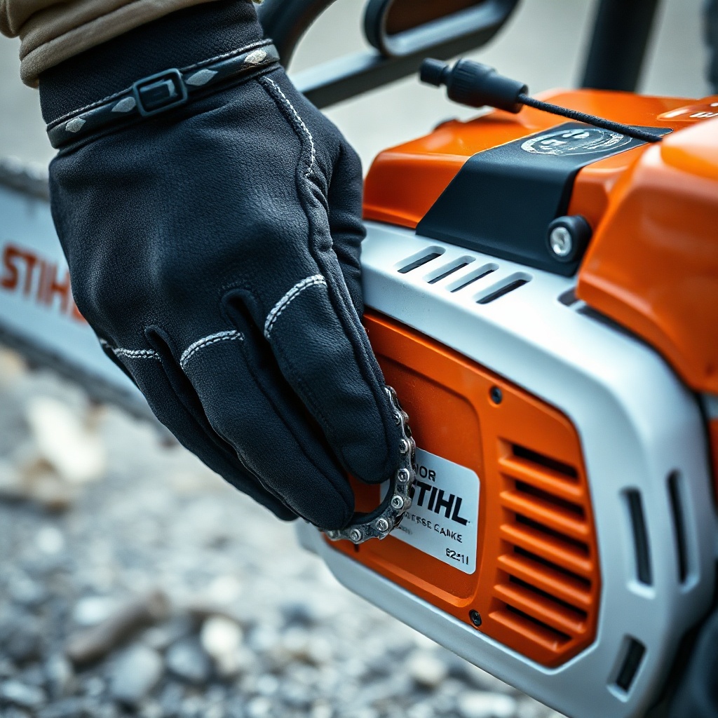 <clean photorealistic photo/illustration showing a gloved hand activating the chain brake