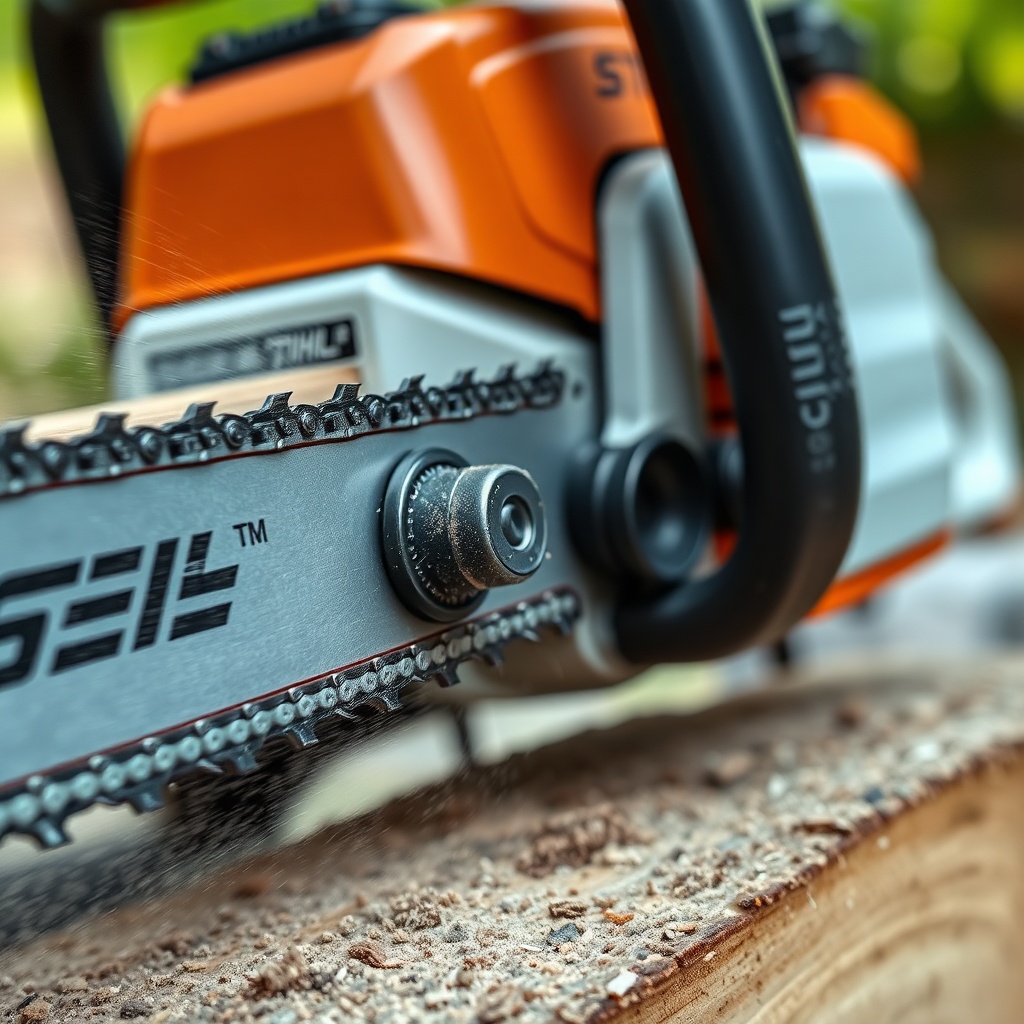 A photorealistic close-up of the Stihl MS 261 C-M bar and chain during a softwood cut