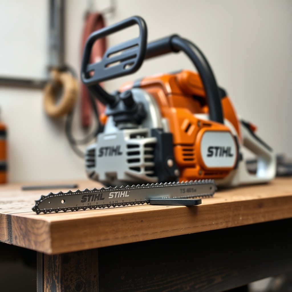 A photorealistic photo of a Stihl MS 261 C-M chain and bar on a workbench