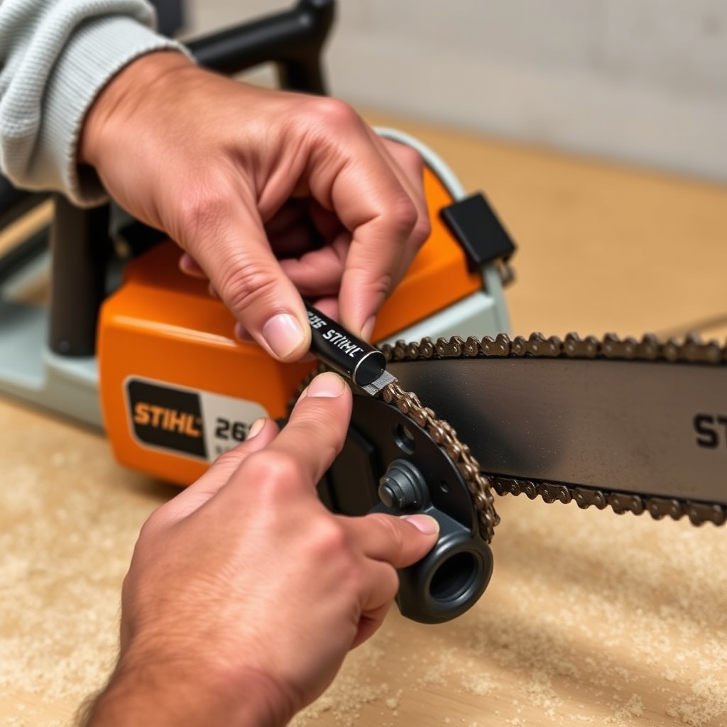 A photorealistic photo of an owner's hands using a round file and guide on a Stihl MS 261