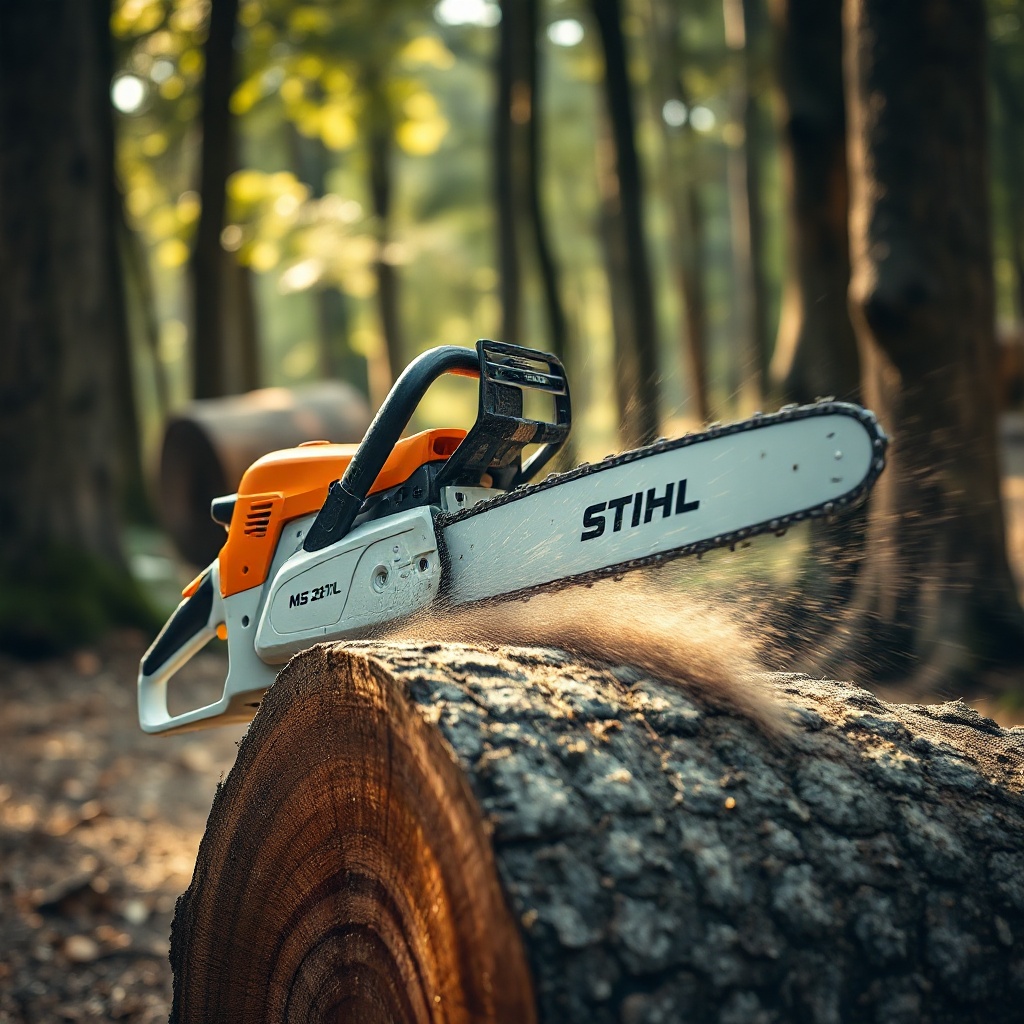 A clean photorealistic photo of a Stihl MS 261 C-M chainsaw cutting through a thick oak lo
