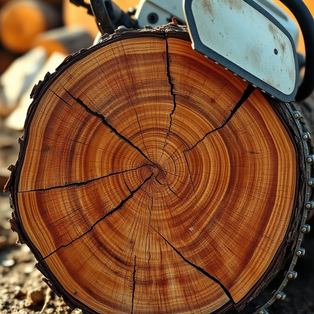 A clean photorealistic cross-section of a large knotty log being cut with a chainsaw